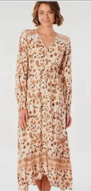 Rip Curl Cream Paisley Long Sleeve Boho Midi Dress Medium thumbnail 1