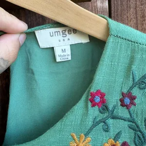 Umgee Bohemian Boho Green Embroidered Bell Sleeve Dress thumbnail 4
