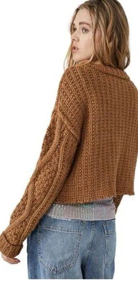 Free People Cutting Edge Cable Knit Sweater Brown Large thumbnail 2