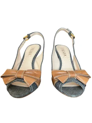 Prada Women’s Peep Toe Denim Cork Leather Bow Wedge Y2K Vintage Heels 38.5 thumbnail 3