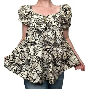 Handmade Puff Sleeve Botantical Print Neutral Babydoll Sqaure Neck / Back Top thumbnail 1