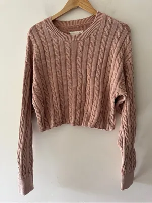 Aerie Washed Brown Cropped Cable Knit Sweater thumbnail 2