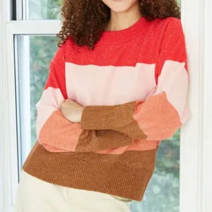 A NEW DAY Slouchy Crewneck Pullover Sweater Red Beige Orange Colorblock Striped thumbnail 1