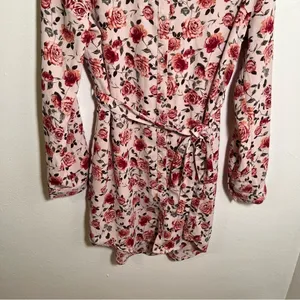 Women's‎ Button Down Shirt Dress Light Pink Rose Floral Belted Long Sleeve Roll thumbnail 4