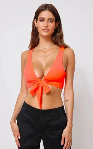 Tiger Mist Bright Neon Orange V Beck Tie Kim Crop Top Tank thumbnail 2
