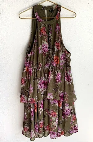 Torrid Floral Tiered Olive Chiffon Dress Sz 1 thumbnail 5
