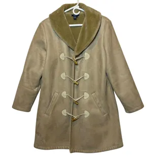 Chaps Women's Faux Suede Coat Jacket Toggle Front Sherpa‎ Collar Beige Mobwife thumbnail 1