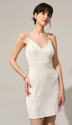✨ NWT RIHOAS White Textured Plissé Mini Dress w/ Pearl Straps (Size XS) 🤍 thumbnail 1