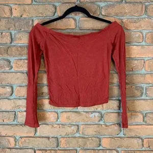 Y2K Ambiance Womens Medium Top Rust Orange Off‎ Shoulder Ribbed Long Sleeve Crop thumbnail 2