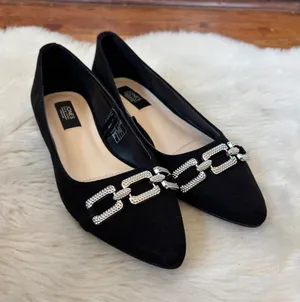 Jones New York Black Pointed Toe Flats with Rhinestone Chain Accent thumbnail 1