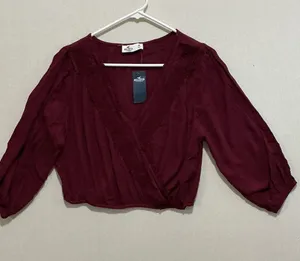 Hollister Women's Deep Burgundy Wrap-Style Blouse thumbnail 1
