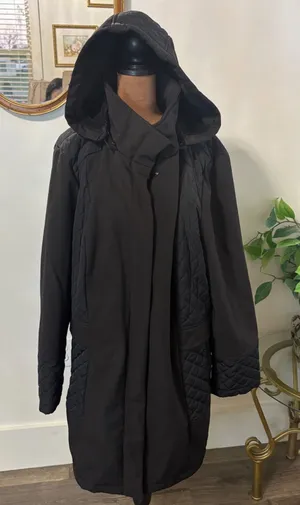 Liverpool Jeans Company Womens Black‎ Quilted Hooded Long Trench Coat Jacket thumbnail 1