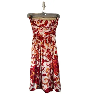 Red & White Strapless Floral Formal Belted Waist Knee Length Dress Women Sz S thumbnail 2