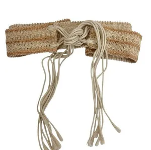 Bohemian Wide Braided Raffia Tie Belt with Tassels thumbnail 1