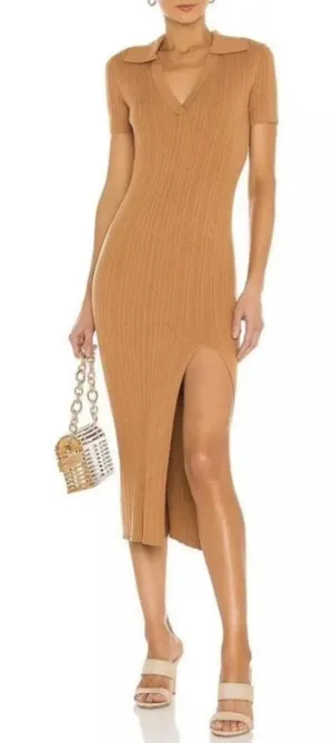 L'Academie Robe Pull‎ Geneva Dress in Camel Size Large Ribbed Midi with Slit NEW thumbnail 1