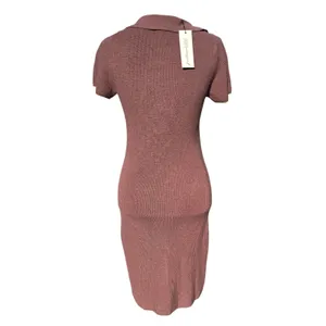 Freshman NWT 55O Knit‎ Collared V Neck Short Sleeve Bodycon Midi Dress Brown L thumbnail 4