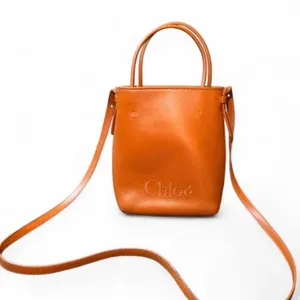 Chloé Sense Micro Tote Bag Caramel Brown Calfskin Leather Crossbody Bucket Purse thumbnail 1