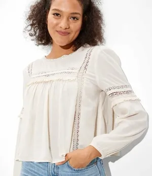 NWT American Eagle Outfitters Boho Babydoll Lightweight Blouse Keyhole Cream Med thumbnail 1