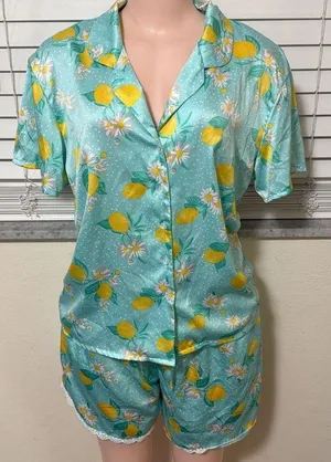 Flora by Flora Nikrooz Womens Citrus Satin Notch Collar PJ Set size Large 12/14 thumbnail 1