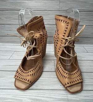 Jeffrey‎ Campbell Rodillo Cutout Leather Wedge Peep Toe Sandals Tan Womens 8 thumbnail 1