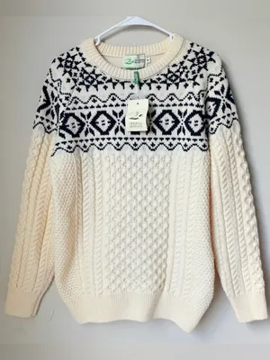 Original Aran Co Women Fair Isle Crew Neck Aran Sweater M cream 100% Merino woo thumbnail 1