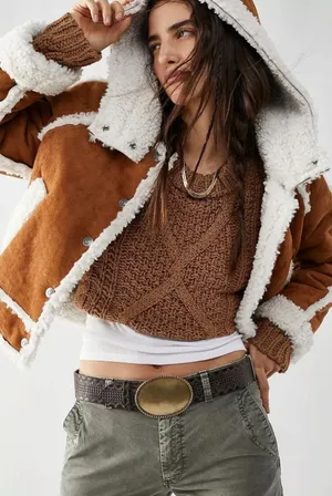 Free People Western Bohemian Vegan Suede Exchange Shearling Jacket Coat Large thumbnail 1