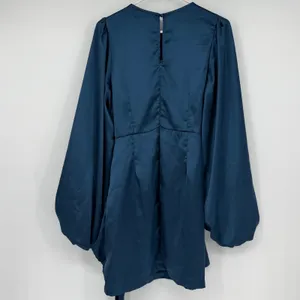 Petal + Pup Opal Teal Satin Balloon Sleeve Wrap Mini Dress US 8 thumbnail 2