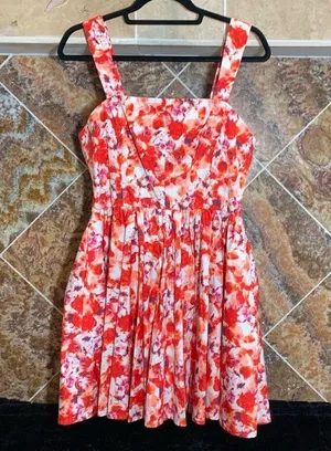CHELSEA28 Fit & Flare Cotton Minidress in Orange Blue Blushed Blooms Medium thumbnail 2