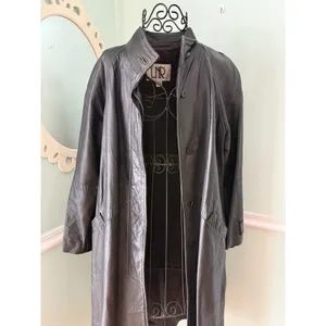 LNR S Small Black Genuine Leather‎ Long Maxi Trench Coat Women steam punk VTG thumbnail 2