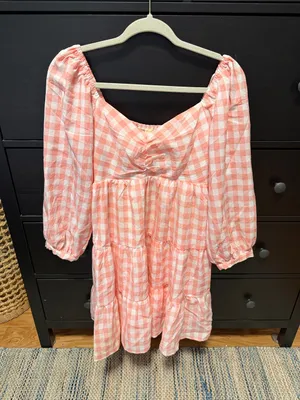 Pink Gingham Puff-Sleeve Tiered Dress thumbnail 1