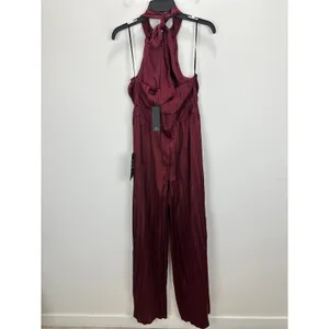 Lulus Confident Impression Burgundy Satin Pleated Halter Jumpsuit Small NWT thumbnail 10