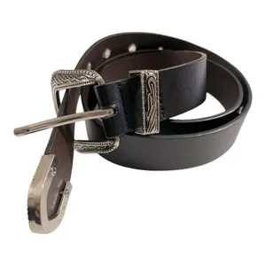 Black Leather Western Engraved Silver Buckle Belt | Size 27 | Boho Cowgirl thumbnail 3