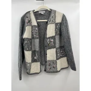 Dress Barn Women's Cardigan Sweater Patchwork Floral Silk Cottagecore L Grey thumbnail 3
