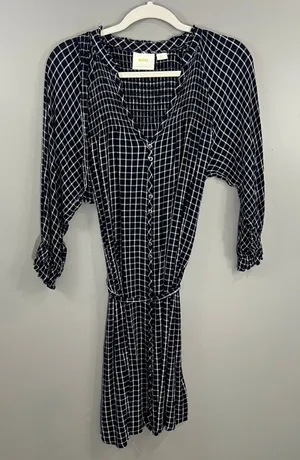 Maeve Anthropologie Dress Womens Small Navy Blue Great Plaid Smocked Tie Waist thumbnail 1