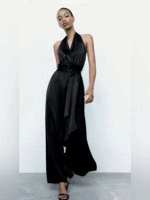 ZARA Jumpsuit Black V Neck Satin Effect Halter Wide Leg S thumbnail 8