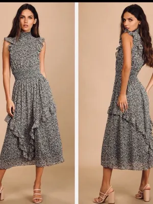 Lulus Evalina Black Floral Print Mock Neck Midi Dress Size Small thumbnail 2