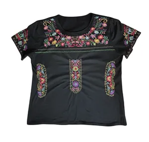 Mexican Embroidered Peasant Blouse Black Floral LG thumbnail 1
