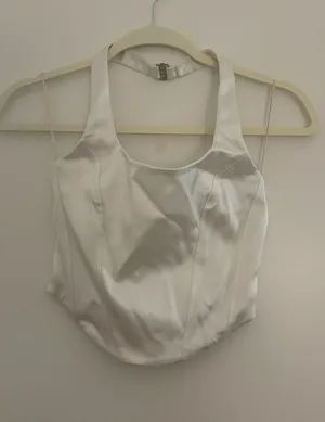 Aritzia Wilfred White Satin Halter Crop Top thumbnail 1