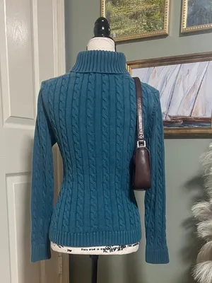 Vintage L.L. Bean cable knit pullover turtleneck sweater Size Medium Blue thumbnail 2