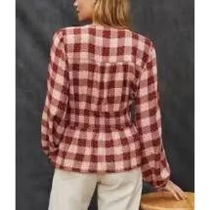 Pilcro Blouse Women Medium Red Plaid Smocked‎ Waist V-Neck Boho Top thumbnail 4