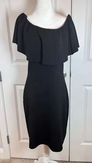 Almost Famous Black Off Shoulder Ruffle Sheath Dress XL Classic Cocktail LBD thumbnail 1
