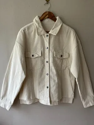 Corduroy Jacket Sz L‎ Women's Casual Solid Beige Cream Button Down with Pockets Size L thumbnail 1