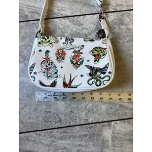 Ed Hardy NWOT White Tattoo Flash Baguette Shoulder Bag Y2K Tiger Skull Graphic thumbnail 5