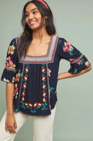 By ANTHROPOLOGIE Dakota Floral Embroidered Top Blouse Peasant Square‎ Neck Large thumbnail 1