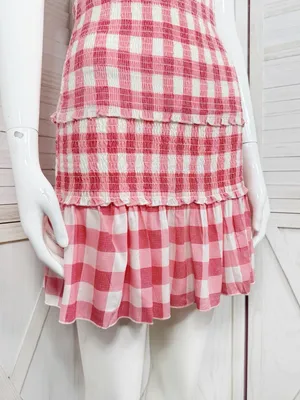 Sincerely Jules Gingham‎ Check Smocked Ruffle Mini Dress Red White Medium Preppy thumbnail 7