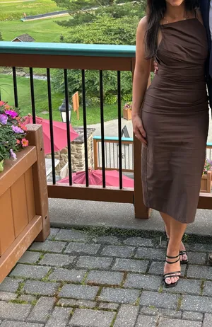 Zara brown ruched high neck midi dress thumbnail 4