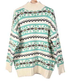 American Eagle Oversized Fair Isle Mock Neck Sweater Cream Teal Yellow XS‎ cozy thumbnail 1