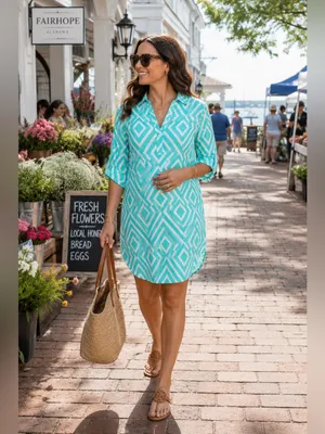 PinkBlush Maternity Mint Green Geometric Tunic Blouse Roll Tab Sleeve Small NWT thumbnail 2