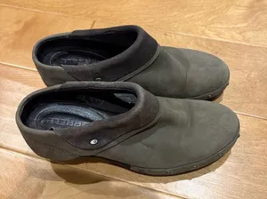Merrell Drizzle slip-on leather and suede clogs shoes taupe brown sz 9 thumbnail 1