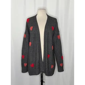 NWT!! CELEBRATE‎ TOGETHER Heart Cardigan Sweater Grey Pink Red Hearts Large thumbnail 2